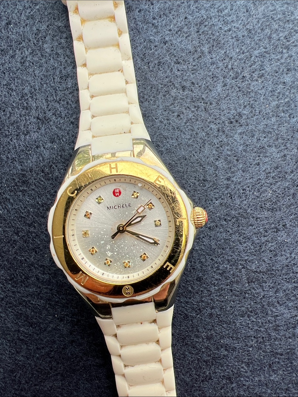 Michele White Ceramic Watch with Gold Bezel and Crystal Markers (Does not Work) - Picture 2 of 2